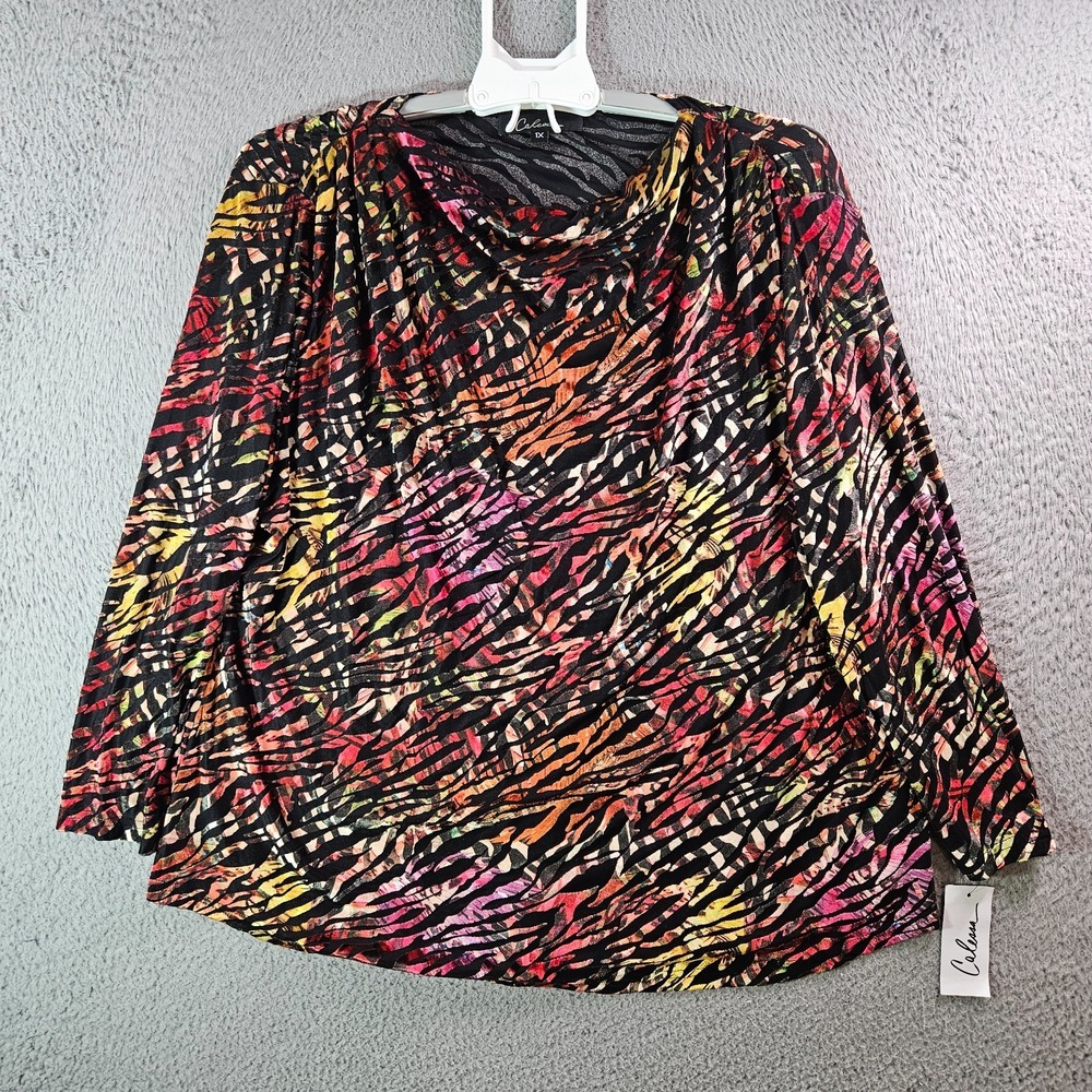 NEW Calessa Top Blouse‎ Women 1X Stretch Zebra Print Black Red Yellow Pink Comfy